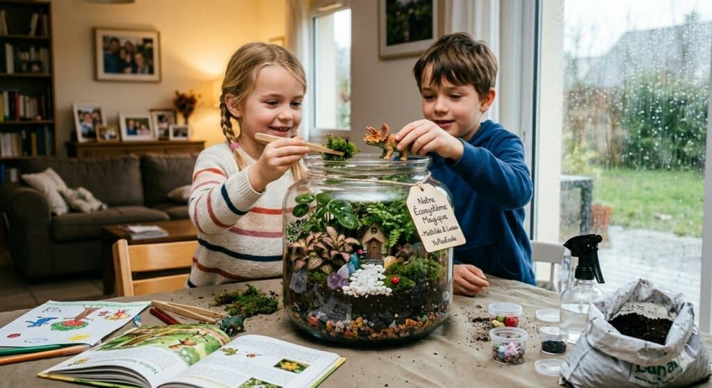 Enfants fabriquant un terrarium maison avec des figurines dans un grand bocal en verre
