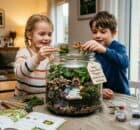 Enfants fabriquant un terrarium maison avec des figurines dans un grand bocal en verre