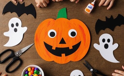 Alt : Activités d’Halloween pour enfants : citrouille peinte, fantômes et chauves-souris en papier