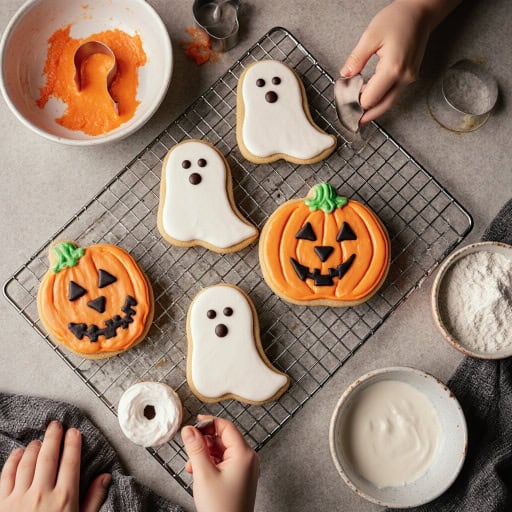 Biscuits fantômes et citrouilles décorés au glaçage pour Halloween