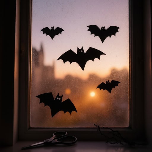 Chauves-souris en papier noir collées sur une fenêtre pour Halloween