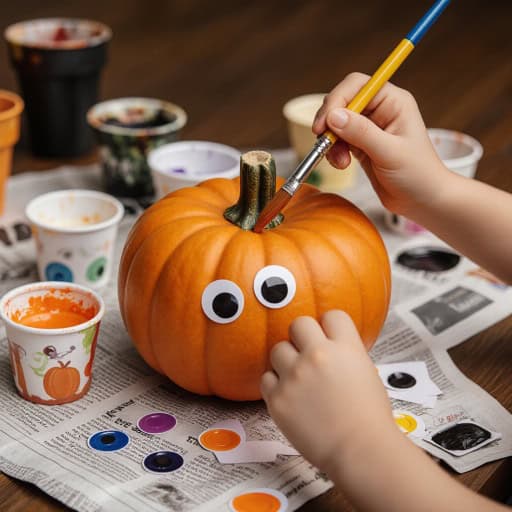 Enfant en train de décorer une citrouille à la peinture sans la découper