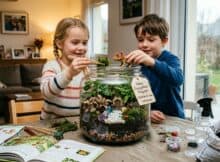Enfants fabriquant un terrarium maison avec des figurines dans un grand bocal en verre