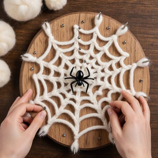Toile d’araignée en laine fabriquée par un enfant avec des clous et une planche